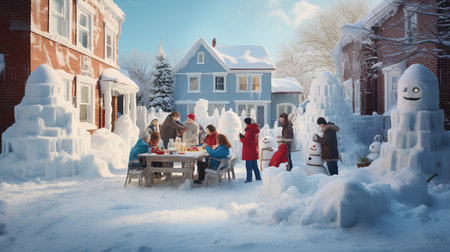 Children and adults having fun with snow sculptures in the village during winter holidays.の素材