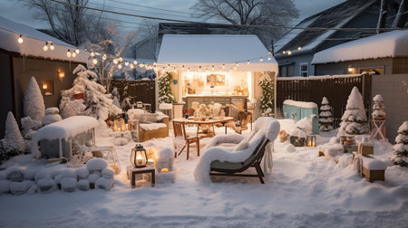Christmas decorations in the backyard of a country house with snow covered treesの素材