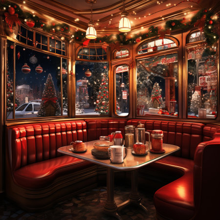 Interior of a restaurant with Christmas decorations. 3d rendering.の素材