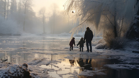 Family walking on a frozen river at sunset. Winter landscape with familyの素材