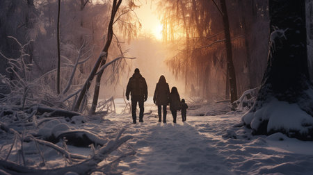 Family walking in the snow in the forest at sunset. Winter timeの素材