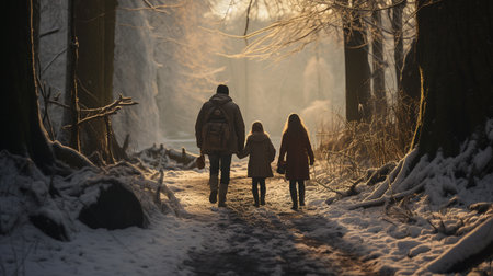Family walking in winter forest. Mother, father and children walking in snowy forest.の素材