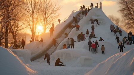 Unidentified people on the ice skating rink at sunset.の素材