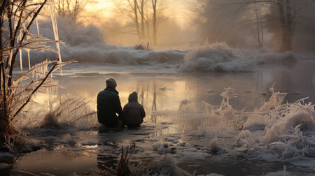 A couple sitting on the bank of a frozen river at sunset.の素材