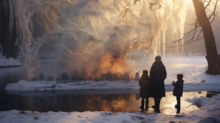 Winter landscape with family walking on the shore of a frozen lake.の素材