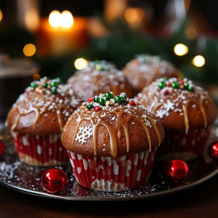 Christmas muffins with chocolate glaze and Christmas decorations on a dark backgroundの素材