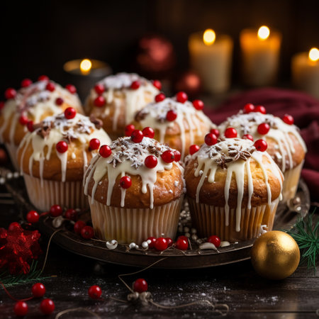 Christmas muffins with cranberries and icing sugar. Selective focus.の素材