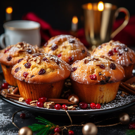Muffins with raisins and cranberries on a black backgroundの素材