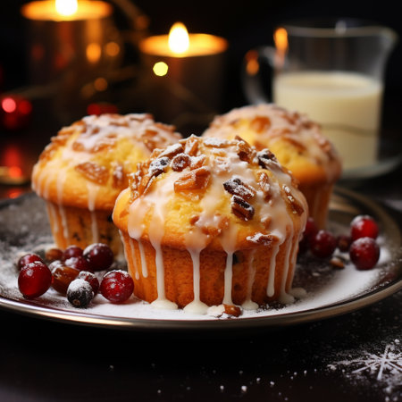 Muffins with raisins and nuts on a dark backgroundの素材