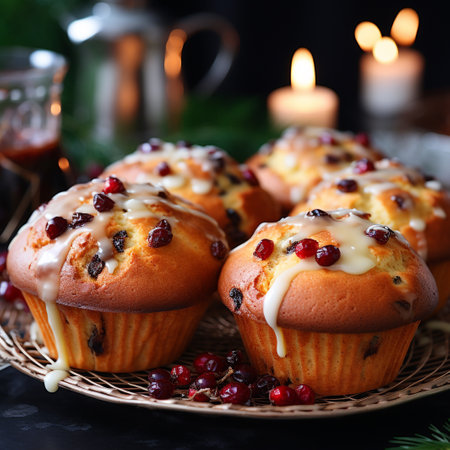 Christmas muffins with cranberries and raisins, selective focusの素材