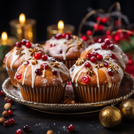 Christmas muffins with cranberries and sugar powder. Selective focus.の素材