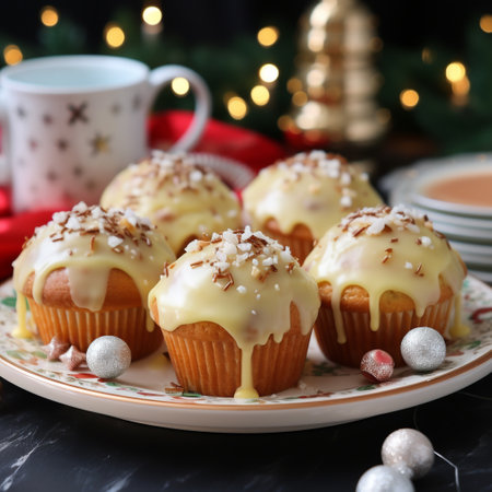 Cupcakes with whipped cream and caramel on a Christmas background.の素材