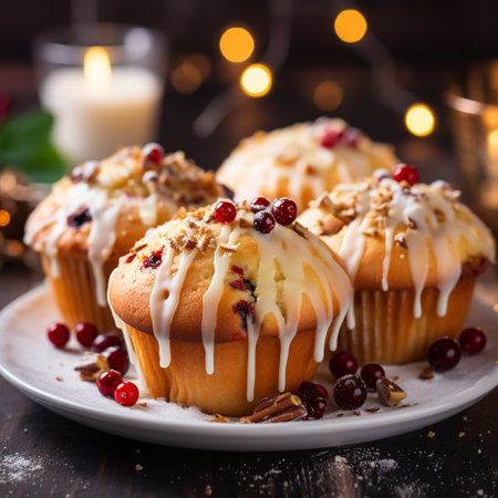 Cranberry muffins with whipped cream and pecan nuts on a wooden backgroundの素材