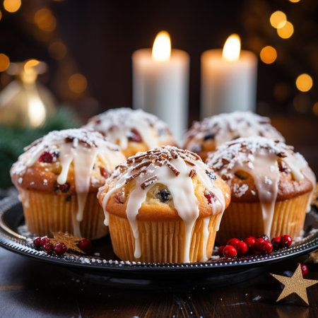 Christmas muffins with raisins and icing sugar on wooden backgroundの素材