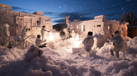 Children play with snow in the city at night. Christmas background.の素材