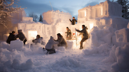 Unidentified people build an igloo in Bukovel, Ukraineの素材