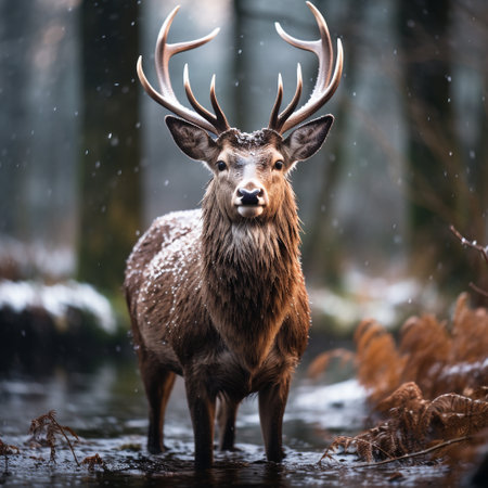 Majestic male red deer stag in winter forest. Wildlife scene from nature.の素材