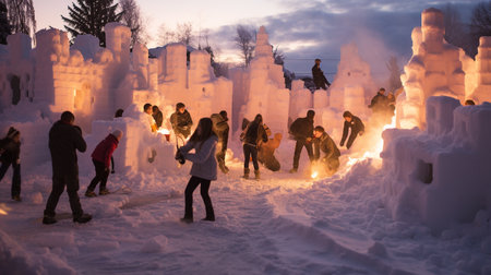 Unidentified people making snow sculptures at the Christmas market.の素材
