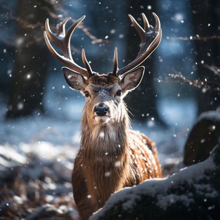 Beautiful red deer in winter forest. Animal in snowy forest.の素材