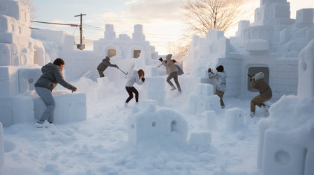 Group of friends having fun on the snow in winter. Winter holidays conceptの素材