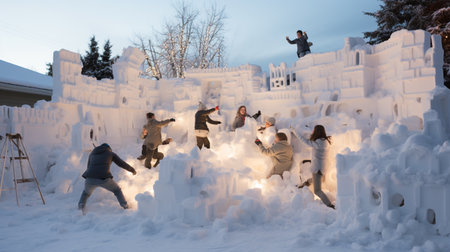 Group of friends having fun in the snow. Winter activity concept.の素材
