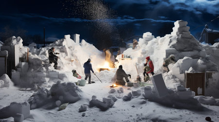 Snow sculptures at night. Mixed media. Mixed media. Mixed mediaの素材