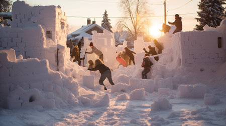 Group of people having fun in an ice town on a sunny winter dayの素材