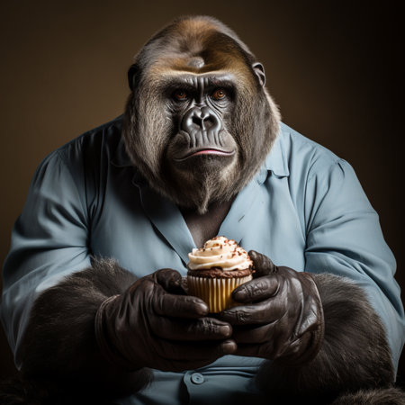 Portrait of a gorilla in a blue shirt holding a cupcakeの素材