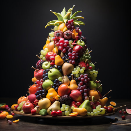 Christmas tree made of fruits on a wooden table. Dark background.の素材