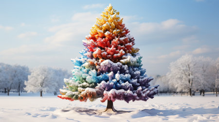 Christmas tree made of multicolored pompoms in the winter parkの素材