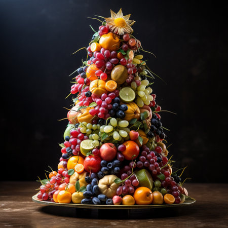 Christmas tree made of fruits and vegetables on a dark background. Selective focus.の素材
