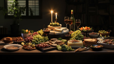 Wine and snacks on a wooden table in the kitchen at nightの素材