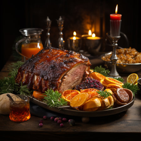 roasted pork knuckle with oranges and raisins on wooden tableの素材