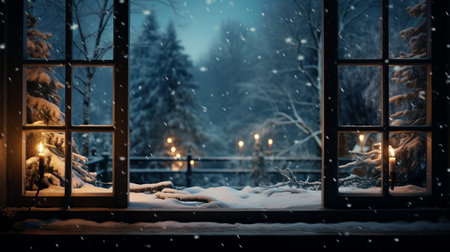 Beautiful winter landscape with snow covered trees on the windowsill.の素材