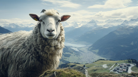 Sheep on the top of a mountain in the Swiss Alps.の素材