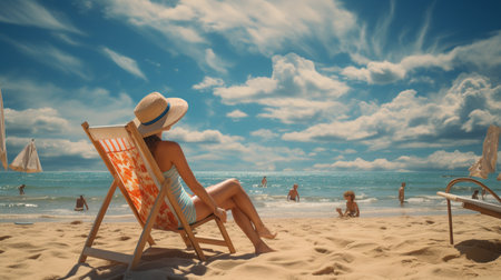 Woman in hat sittingchair on the beach. Panoramic view.の素材