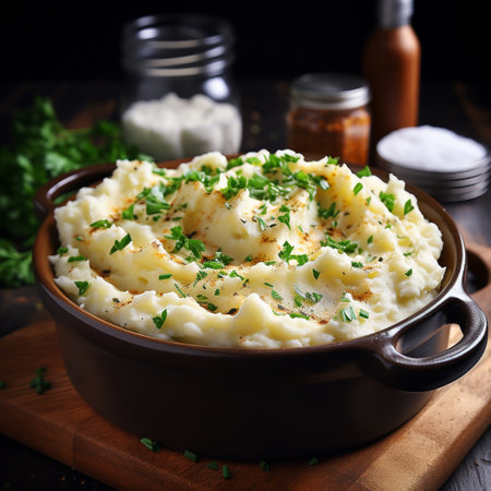 Mashed potatoes with parsley in a baking dish on a dark backgroundの素材