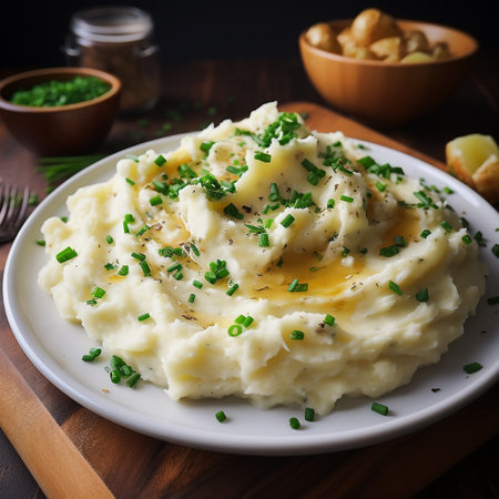 Mashed potatoes with butter and chives on a plate, verticalの素材