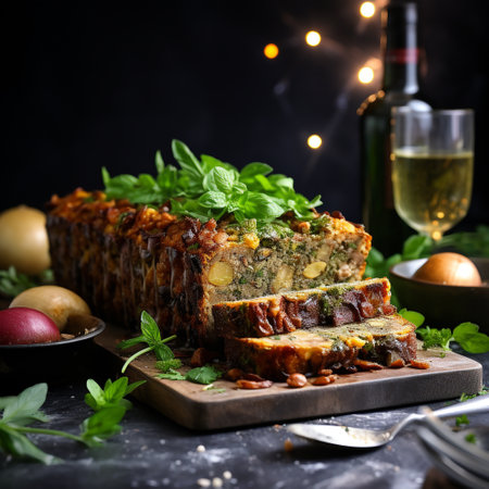 Traditional Italian meatloaf with vegetables and herbs on a dark backgroundの素材