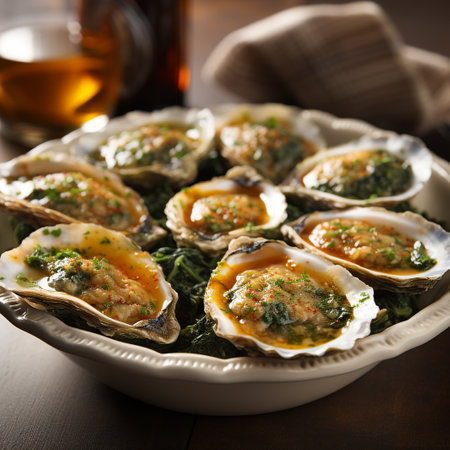 Oysters with cheese and herbs in a bowl on wooden tableの素材