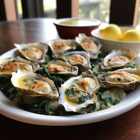 Bowl of fresh oysters with spinach and lemon on the tableの素材