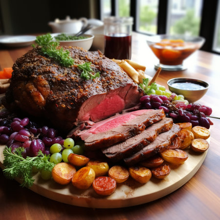 roast beef with french fries and vegetables on a wooden table in a restaurantの素材