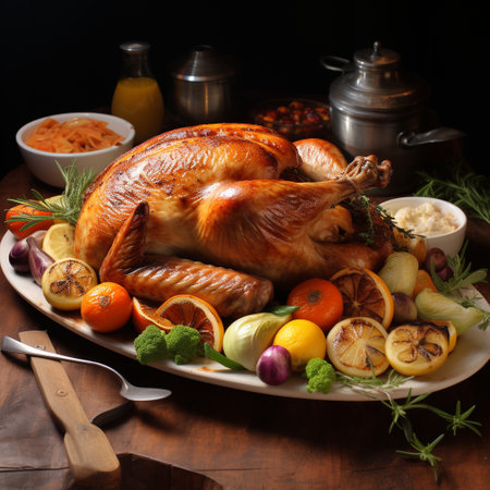 Roasted turkey garnished with lemons and oranges on a wooden table.の素材