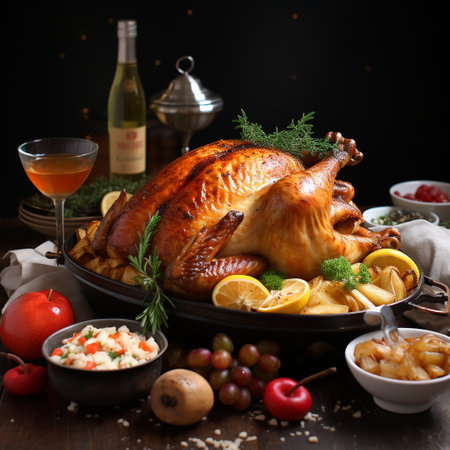 roasted turkey with potatoes and vegetables on a dark background. tinting. selective focusの素材