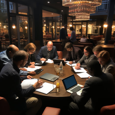 Group of business people having a meeting in a conference room at nightの素材