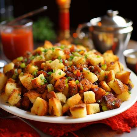 fried potatoes with meat and vegetables on a plate, food closeupの素材