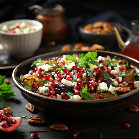 Greek salad with feta cheese, pomegranate and nuts on a dark wooden backgroundの素材