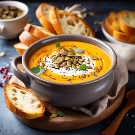 Pumpkin soup with cream, seeds and pumpkin seeds. Selective focus.の素材