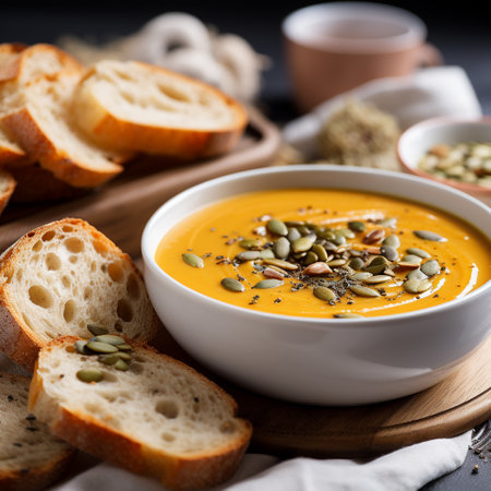 Pumpkin soup with seeds and croutons. Selective focus.の素材