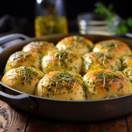 Baked buns with cheese and dill in a frying panの素材